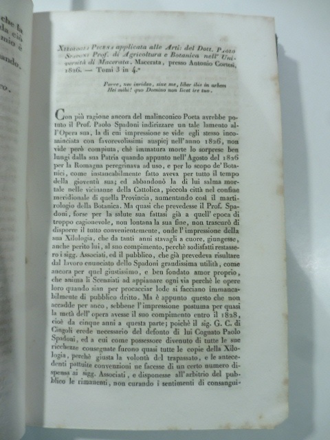 Xilologia picena applicata alle arti del Dott. Paolo Spadoni...Macerata, 1826. (Stralcio da: Nuovo giornale de' letterati. N. 73. 1834)
